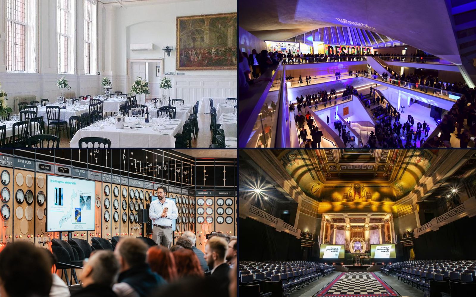 Bridewell Hall at St Bride Foundation, the Design Museum atrium, Control Room A at Battersea Power Station and the Grand Temple at 60 Great Queen Street